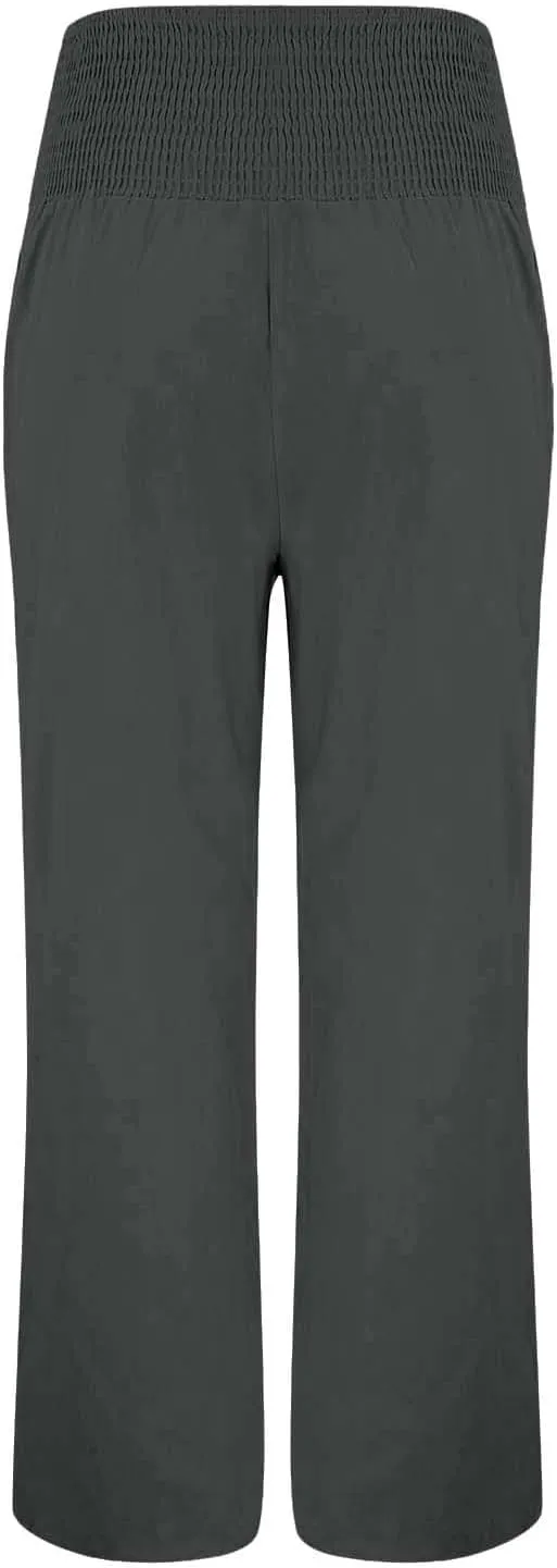 Miyaomn Casual Smocked Linen Palazzo Pants for Women Summer Boho Wide Leg High Waist Long Flowy Lounge Trousers with Pockets