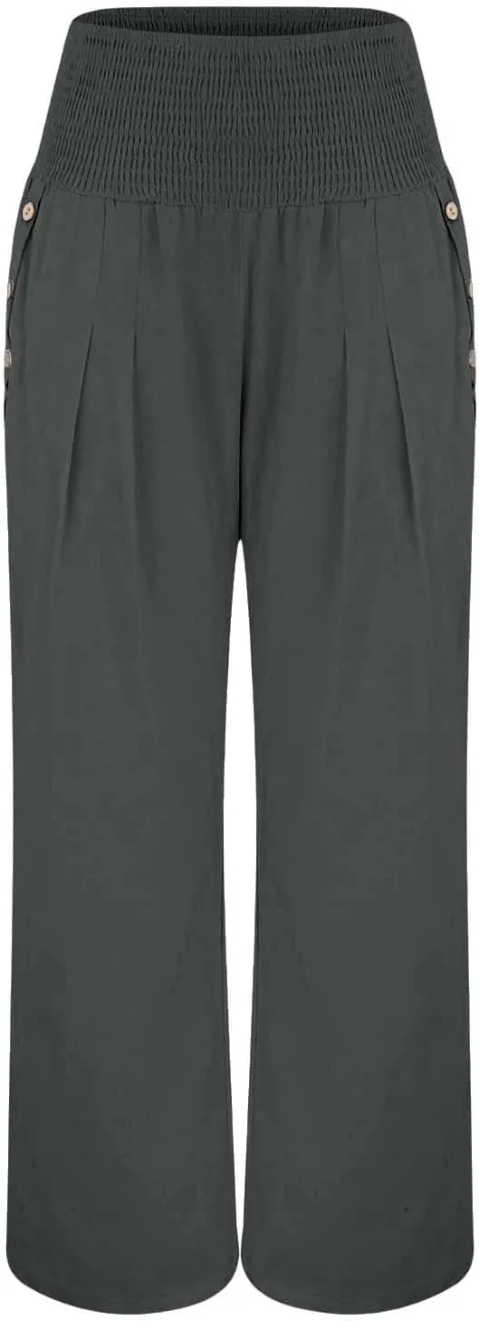 Miyaomn Casual Smocked Linen Palazzo Pants for Women Summer Boho Wide Leg High Waist Long Flowy Lounge Trousers with Pockets