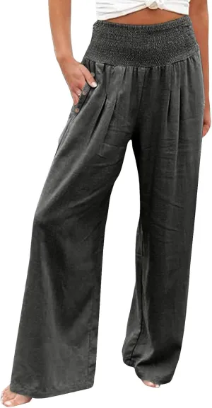 Miyaomn Casual Smocked Linen Palazzo Pants for Women Summer Boho Wide Leg High Waist Long Flowy Lounge Trousers with Pockets