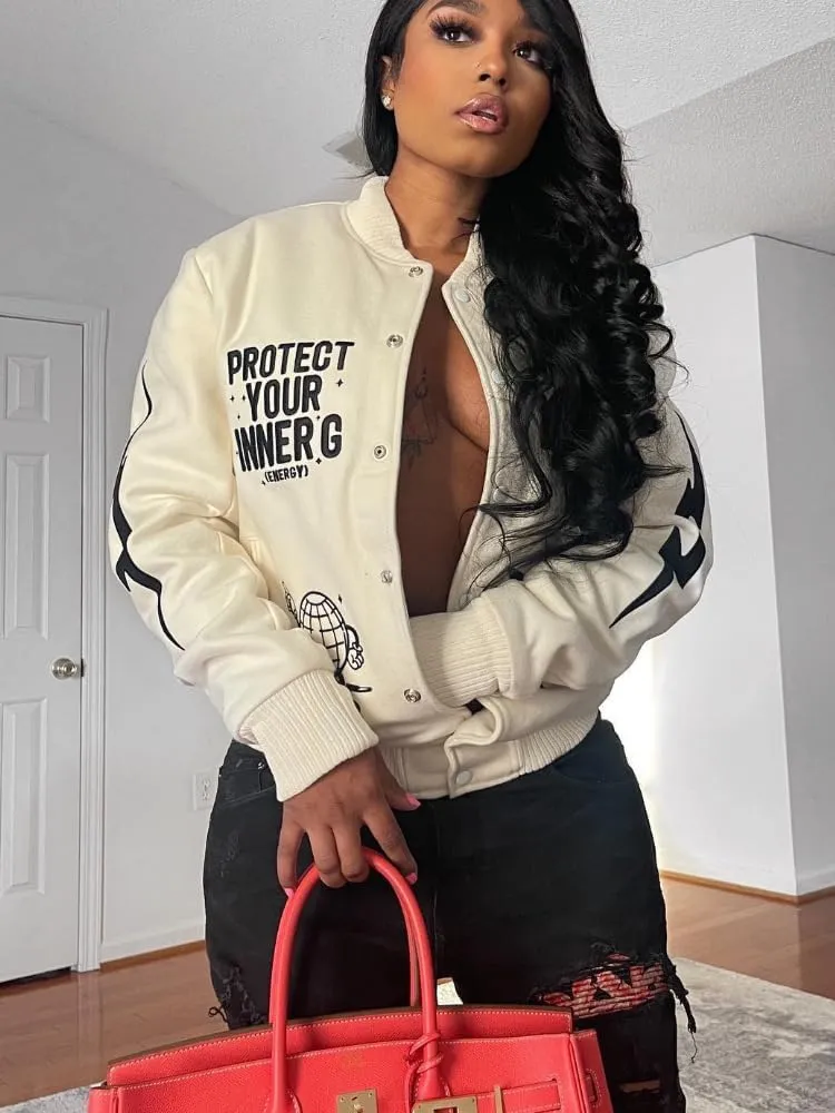 Molilove Varsity Jacket Women Baseball Bomber Jacket Vintage Sweatshirt College Casual Unisex Streetwear Coats Varsity Jacket