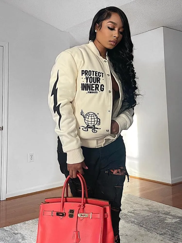 Molilove Varsity Jacket Women Baseball Bomber Jacket Vintage Sweatshirt College Casual Unisex Streetwear Coats Varsity Jacket