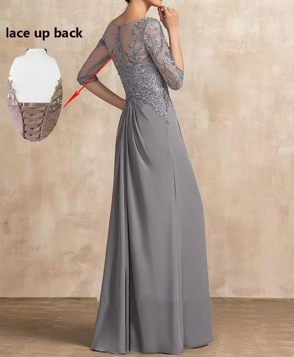 Mother of The Bride Dress 3/4 Sleeve Chiffon Laces Appliques Ruched Formal Evening Gowns