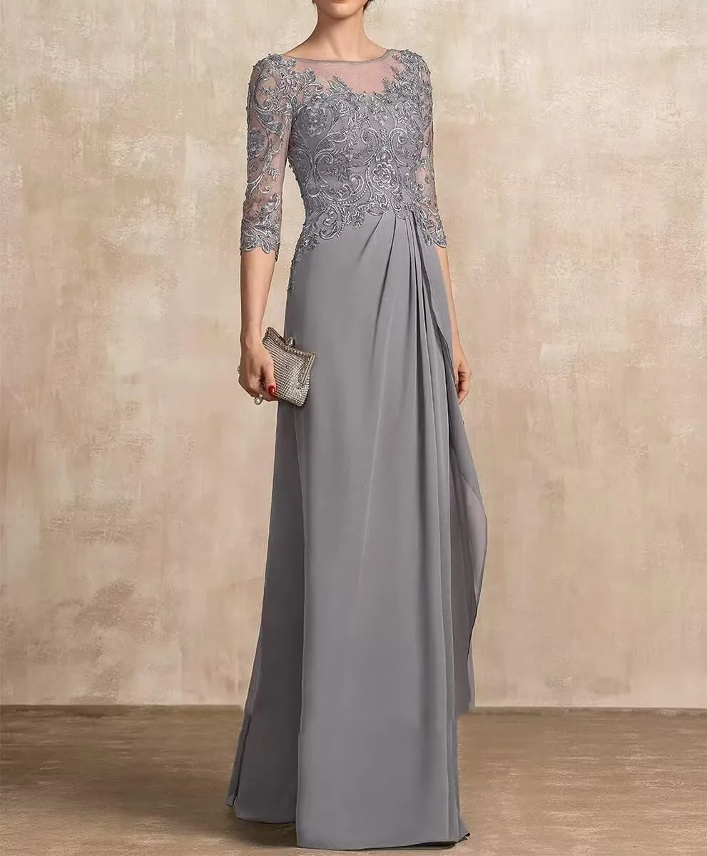 Mother of The Bride Dress 3/4 Sleeve Chiffon Laces Appliques Ruched Formal Evening Gowns