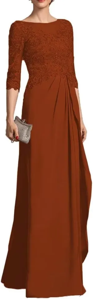 Mother of The Bride Dress 3/4 Sleeve Chiffon Laces Appliques Ruched Formal Evening Gowns