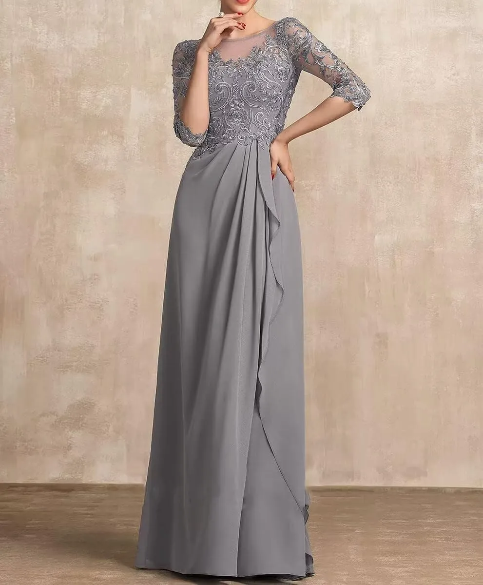 Mother of The Bride Dress 3/4 Sleeve Chiffon Laces Appliques Ruched Formal Evening Gowns