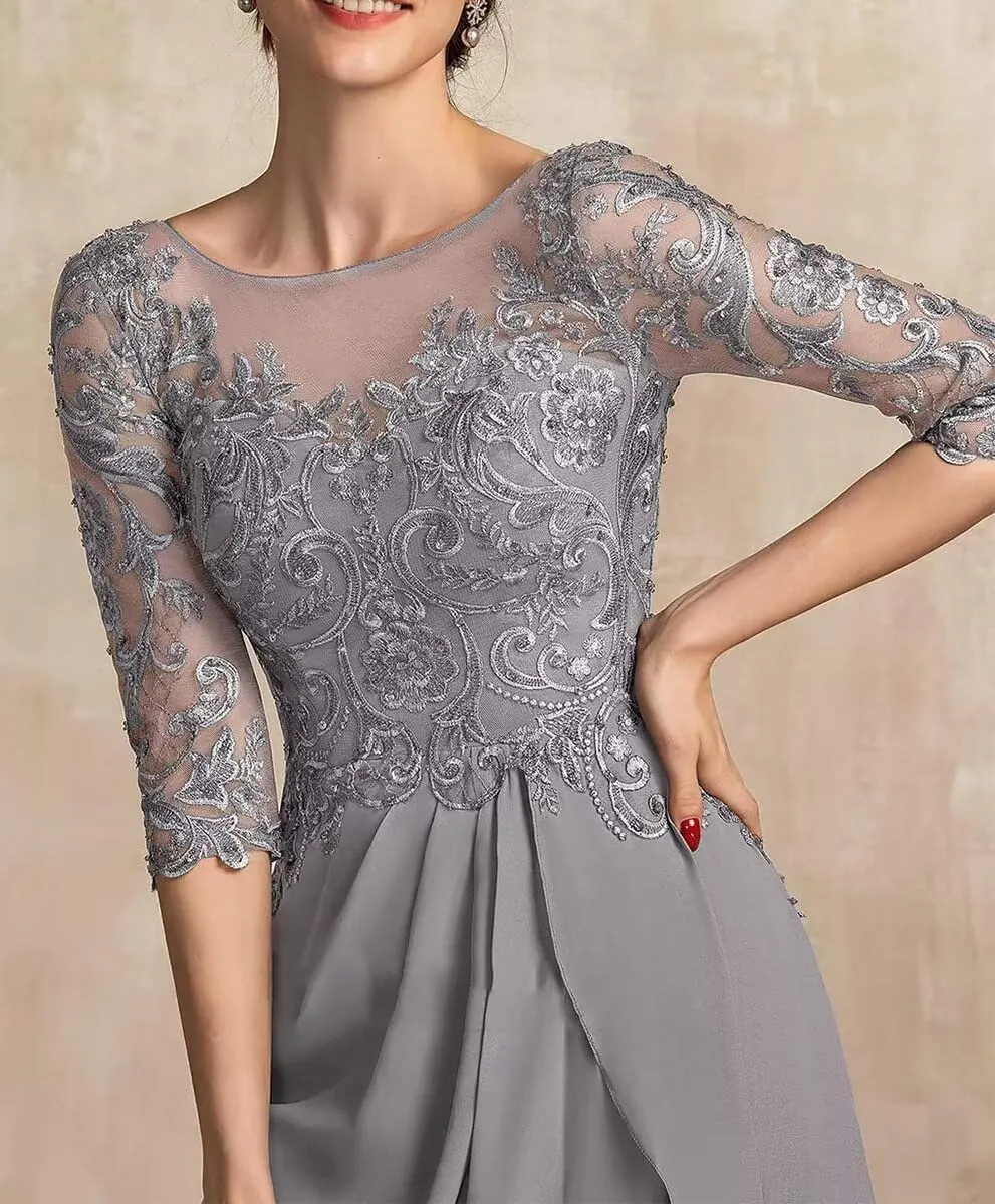 Mother of The Bride Dress 3/4 Sleeve Chiffon Laces Appliques Ruched Formal Evening Gowns
