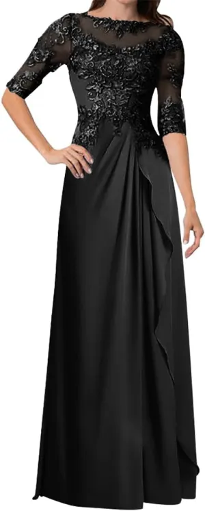 Mother of The Bride Dresses A-line Scoop Illusion Floor Length Chiffon Lace Wedding Guest Dress Long Formal Evening Gowns