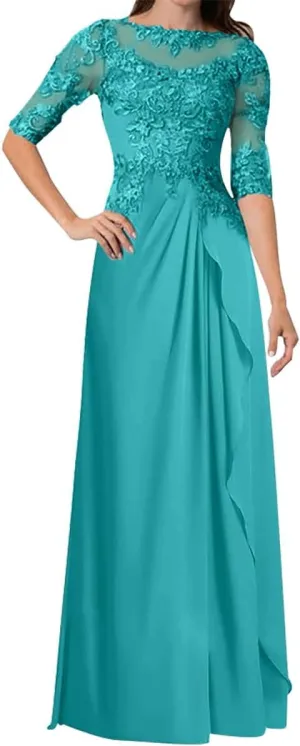 Mother of The Bride Dresses A-line Scoop Illusion Floor Length Chiffon Lace Wedding Guest Dress Long Formal Evening Gowns