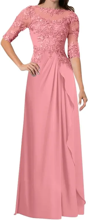Mother of The Bride Dresses A-line Scoop Illusion Floor Length Chiffon Lace Wedding Guest Dress Long Formal Evening Gowns