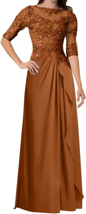 Mother of The Bride Dresses A-line Scoop Illusion Floor Length Chiffon Lace Wedding Guest Dress Long Formal Evening Gowns