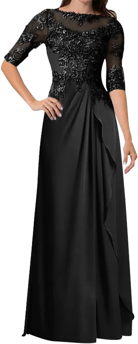 Mother of The Bride Dresses A-line Scoop Illusion Floor Length Chiffon Lace Wedding Guest Dress Long Formal Evening Gowns