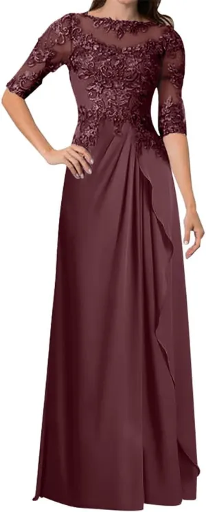 Mother of The Bride Dresses A-line Scoop Illusion Floor Length Chiffon Lace Wedding Guest Dress Long Formal Evening Gowns