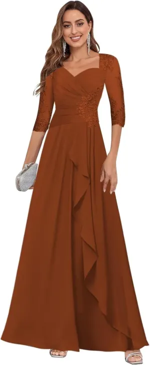 Mother of The Bride Dresses for Wedding 3/4 Sleeve Lace Appliques Chiffon Formal Evening Gowns