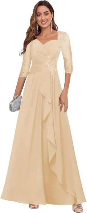 Mother of The Bride Dresses for Wedding 3/4 Sleeve Lace Appliques Chiffon Formal Evening Gowns