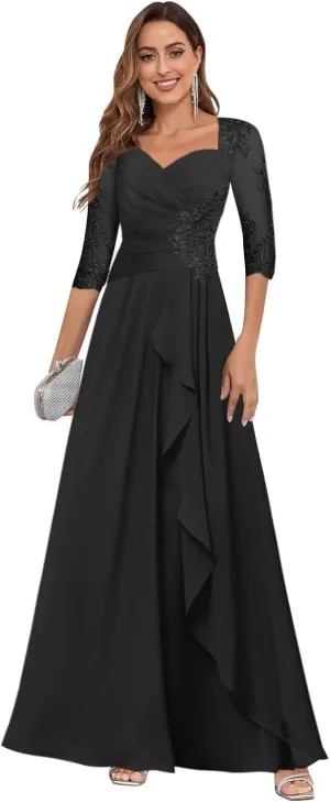 Mother of The Bride Dresses for Wedding 3/4 Sleeve Lace Appliques Chiffon Formal Evening Gowns