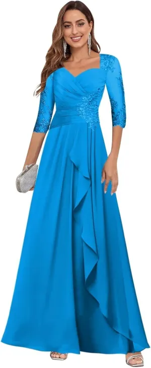 Mother of The Bride Dresses for Wedding 3/4 Sleeve Lace Appliques Chiffon Formal Evening Gowns