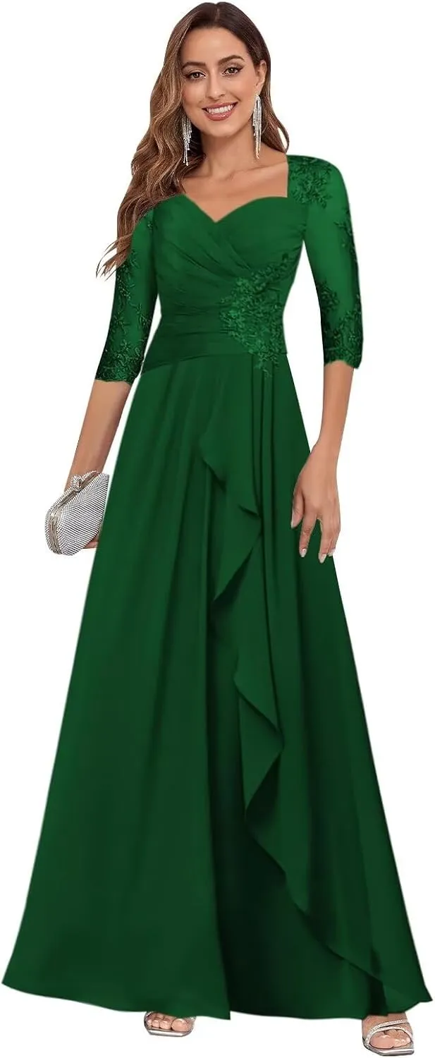 Mother of The Bride Dresses for Wedding 3/4 Sleeve Lace Appliques Chiffon Formal Evening Gowns