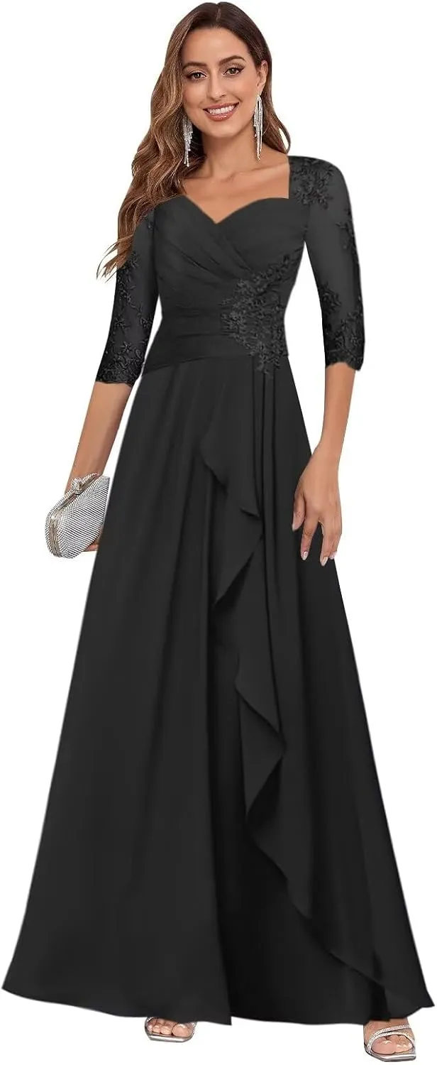 Mother of The Bride Dresses for Wedding 3/4 Sleeve Lace Appliques Chiffon Formal Evening Gowns