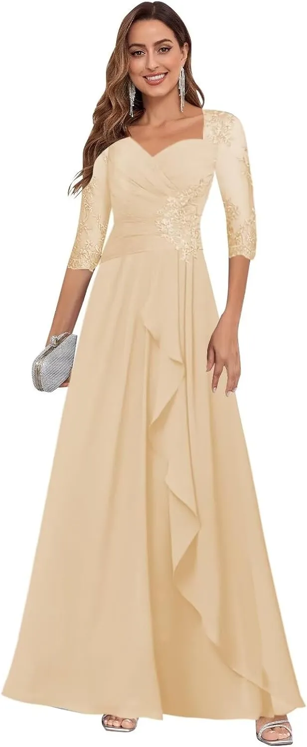 Mother of The Bride Dresses for Wedding 3/4 Sleeve Lace Appliques Chiffon Formal Evening Gowns