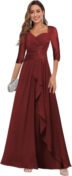 Mother of The Bride Dresses for Wedding 3/4 Sleeve Lace Appliques Chiffon Formal Evening Gowns