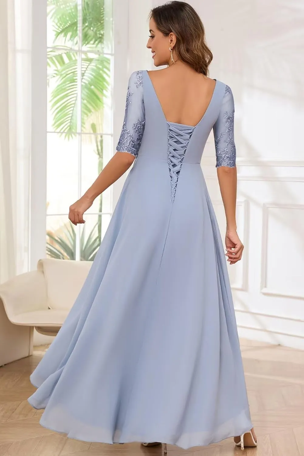 Mother of The Bride Dresses for Wedding 3/4 Sleeve Lace Appliques Chiffon Formal Evening Gowns