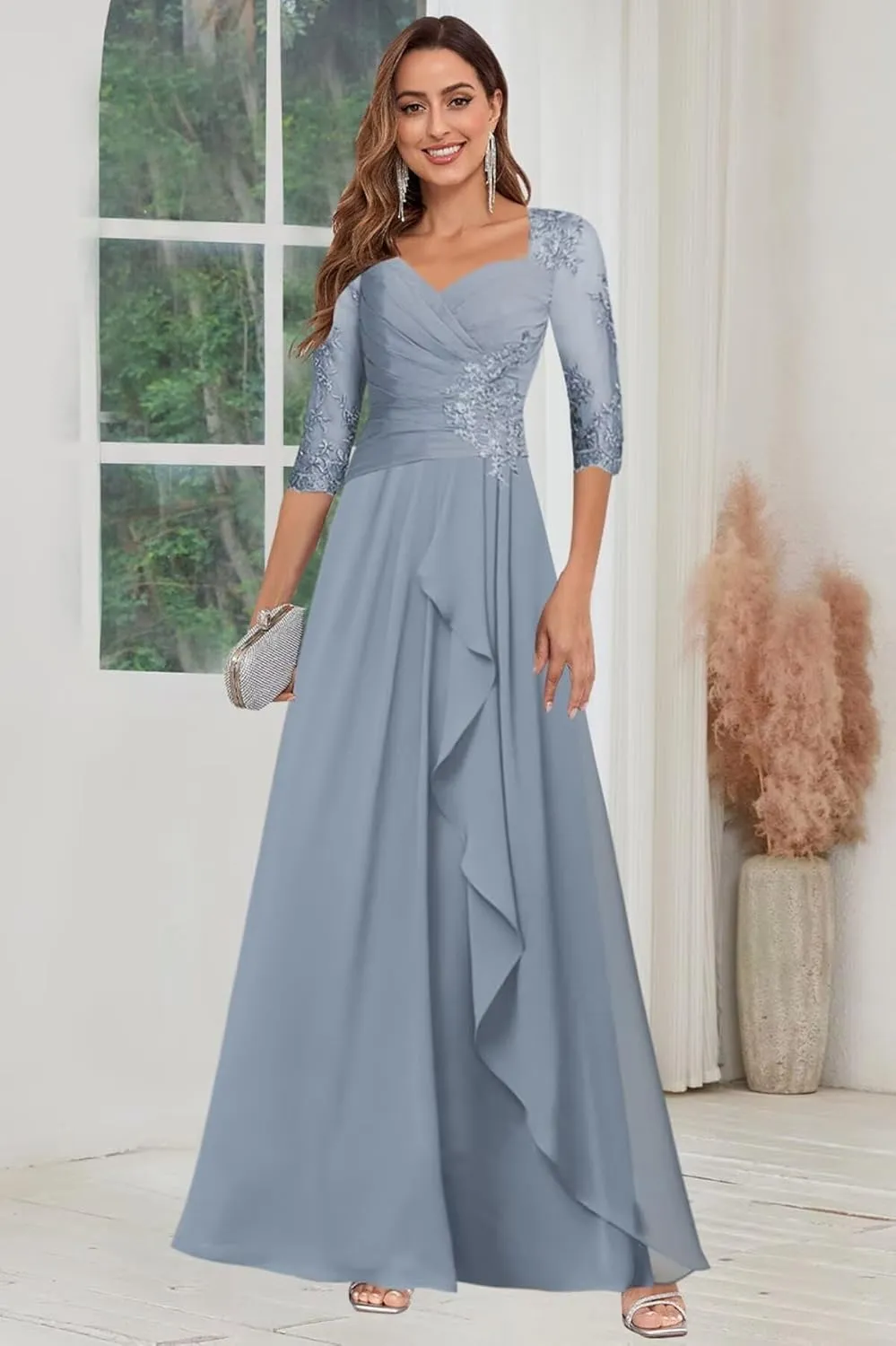 Mother of The Bride Dresses for Wedding 3/4 Sleeve Lace Appliques Chiffon Formal Evening Gowns