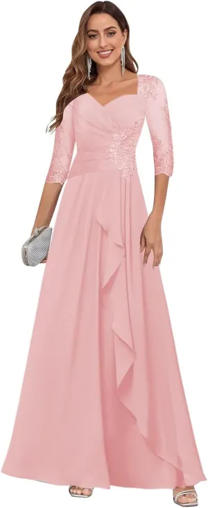 Mother of The Bride Dresses for Wedding 3/4 Sleeve Lace Appliques Chiffon Formal Evening Gowns