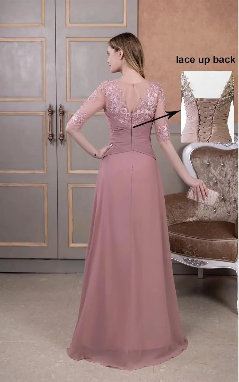 Mother of The Bride Dresses Laces Appliques 3/4 Sleeve Chiffon Ruched Formal Evening Gown for Wedding