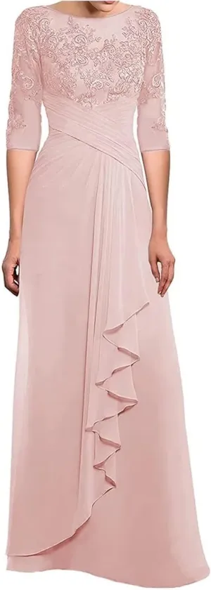 Mother of The Bride Dresses Laces Appliques 3/4 Sleeve Chiffon Ruched Formal Evening Gown for Wedding