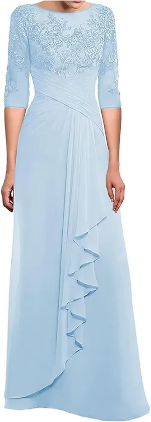 Mother of The Bride Dresses Laces Appliques 3/4 Sleeve Chiffon Ruched Formal Evening Gown for Wedding