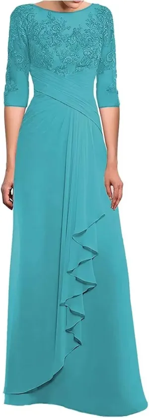 Mother of The Bride Dresses Laces Appliques 3/4 Sleeve Chiffon Ruched Formal Evening Gown for Wedding