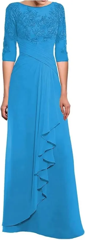 Mother of The Bride Dresses Laces Appliques 3/4 Sleeve Chiffon Ruched Formal Evening Gown for Wedding