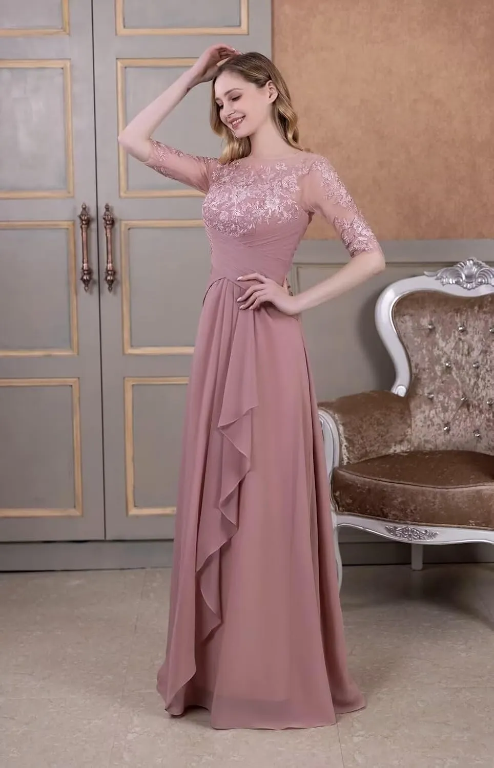 Mother of The Bride Dresses Laces Appliques 3/4 Sleeve Chiffon Ruched Formal Evening Gown for Wedding