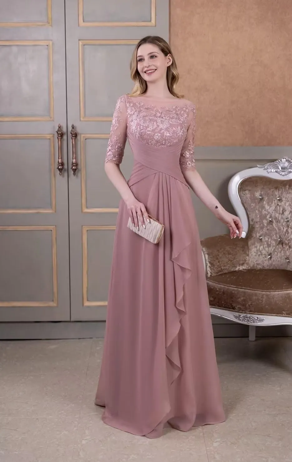 Mother of The Bride Dresses Laces Appliques 3/4 Sleeve Chiffon Ruched Formal Evening Gown for Wedding