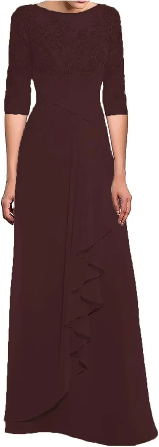 Mother of The Bride Dresses Laces Appliques 3/4 Sleeve Chiffon Ruched Formal Evening Gown for Wedding