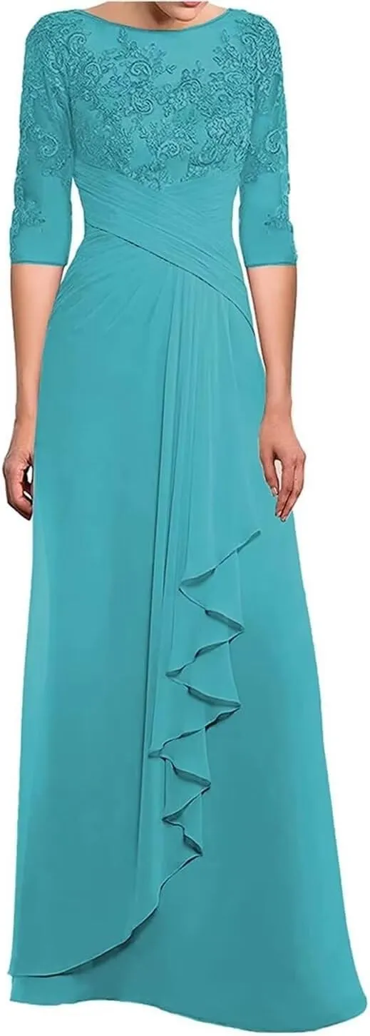 Mother of The Bride Dresses Laces Appliques 3/4 Sleeve Chiffon Ruched Formal Evening Gown for Wedding
