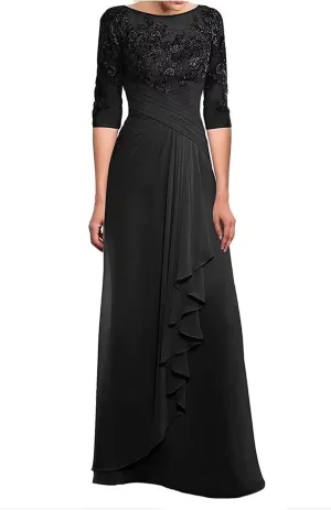Mother of The Bride Dresses Laces Appliques 3/4 Sleeve Chiffon Ruched Formal Evening Gown for Wedding