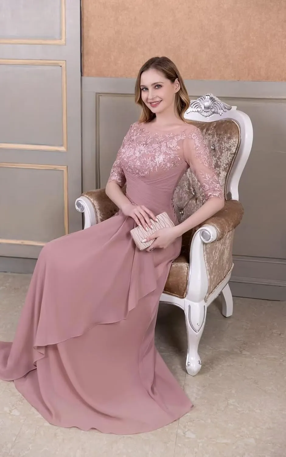 Mother of The Bride Dresses Laces Appliques 3/4 Sleeve Chiffon Ruched Formal Evening Gown for Wedding