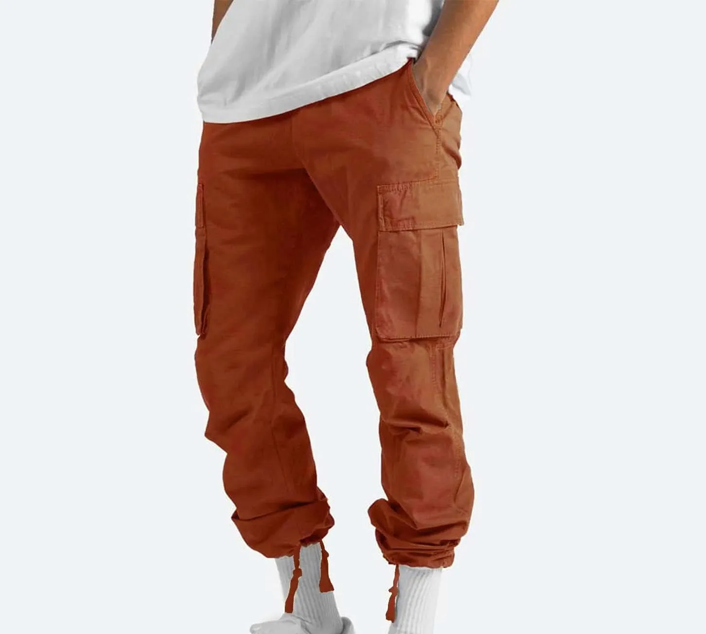 Muscularfit Cargo Pants for Men Big and Tall Elastic Waist Cotton Sweatpants Causal Solid Multi Pockets Joggers Athletic Pant