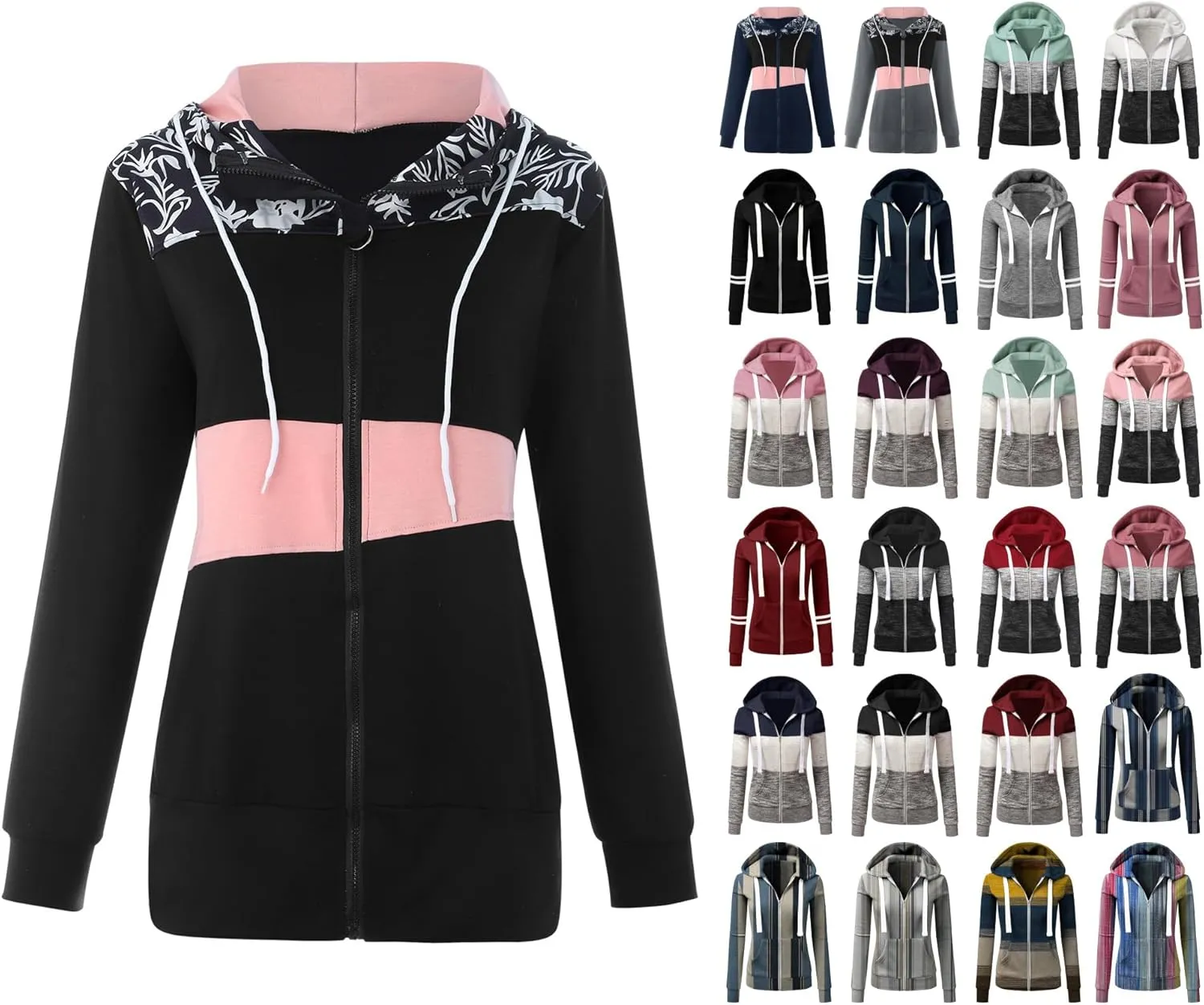 Muyise Women's Full Zip Up Hoodies Long Sleeve Color Block Hooded Sweatshirts Jackets Casual Lightweight Coat with Pockets