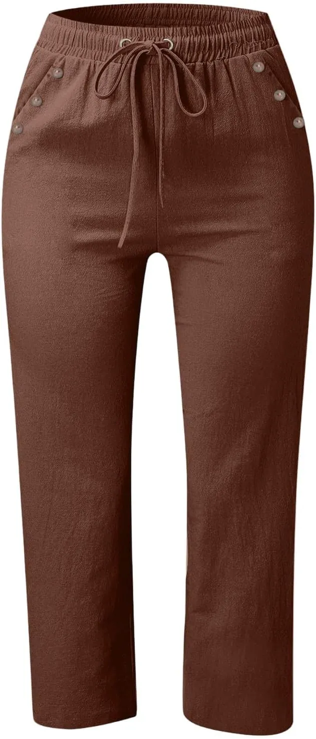 NBXNZWF Capri Pants for Women Cotton Linen 2025 Summer Casual Straight Wide Leg Cropped Pants Elastic High Waist Trousers