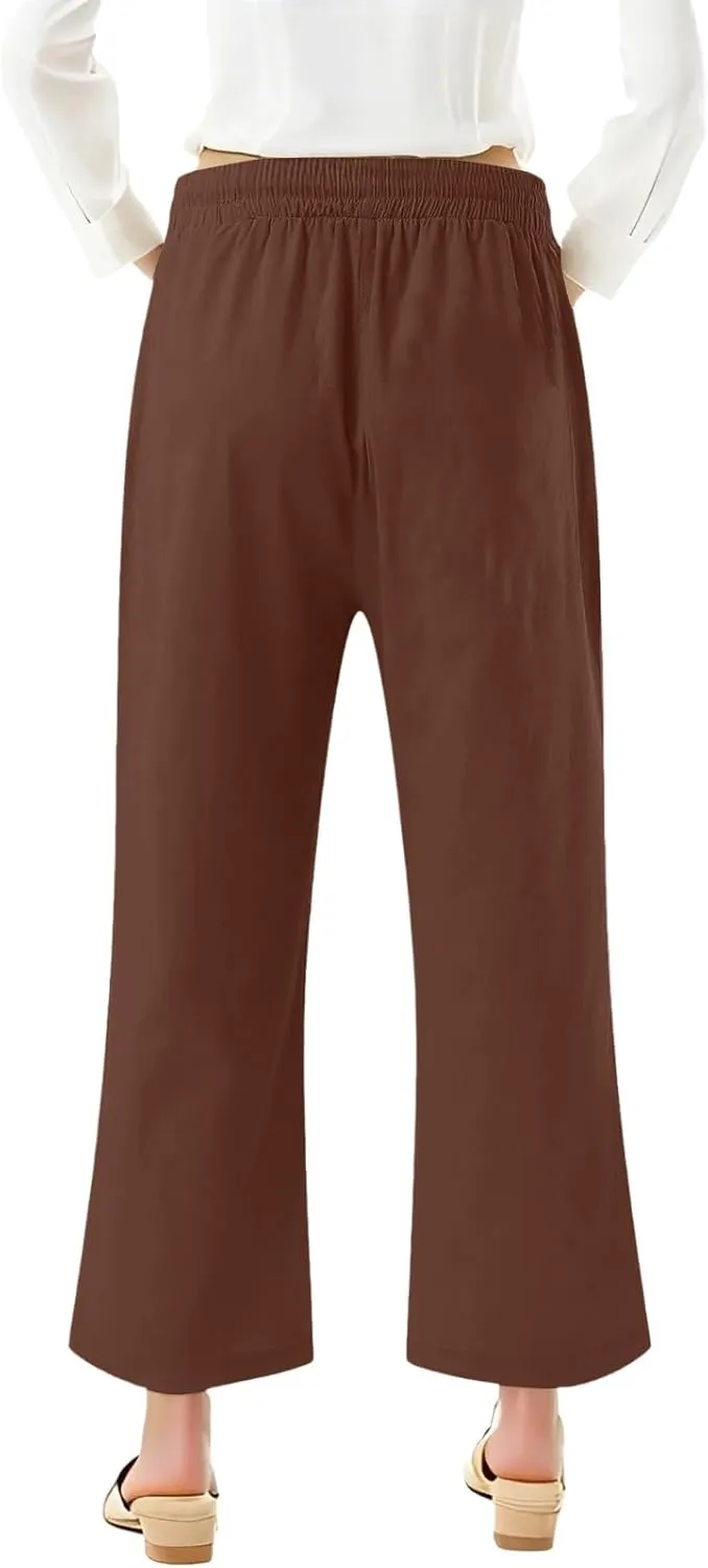 NBXNZWF Capri Pants for Women Cotton Linen 2025 Summer Casual Straight Wide Leg Cropped Pants Elastic High Waist Trousers