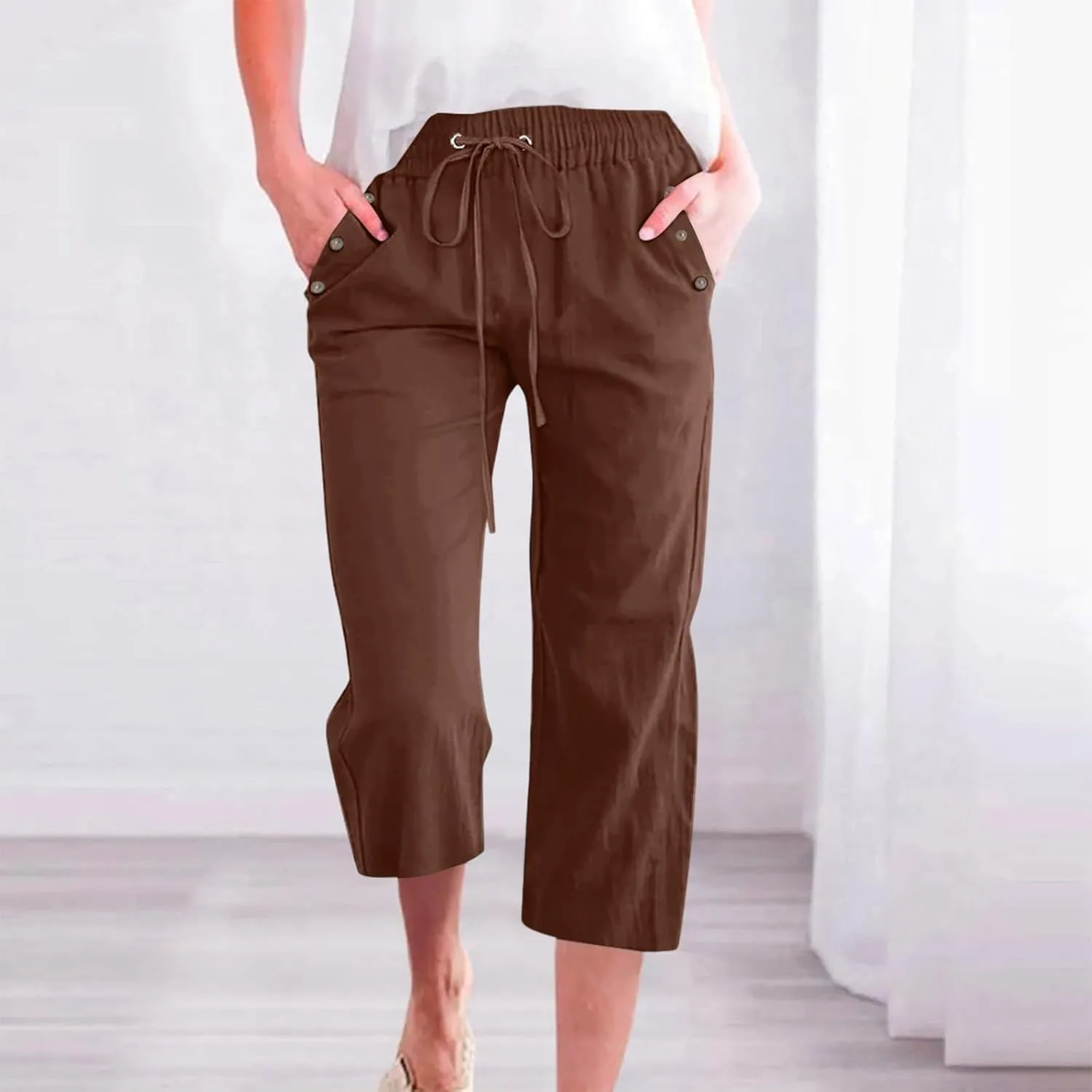 NBXNZWF Capri Pants for Women Cotton Linen 2025 Summer Casual Straight Wide Leg Cropped Pants Elastic High Waist Trousers