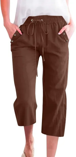 NBXNZWF Capri Pants for Women Cotton Linen 2025 Summer Casual Straight Wide Leg Cropped Pants Elastic High Waist Trousers