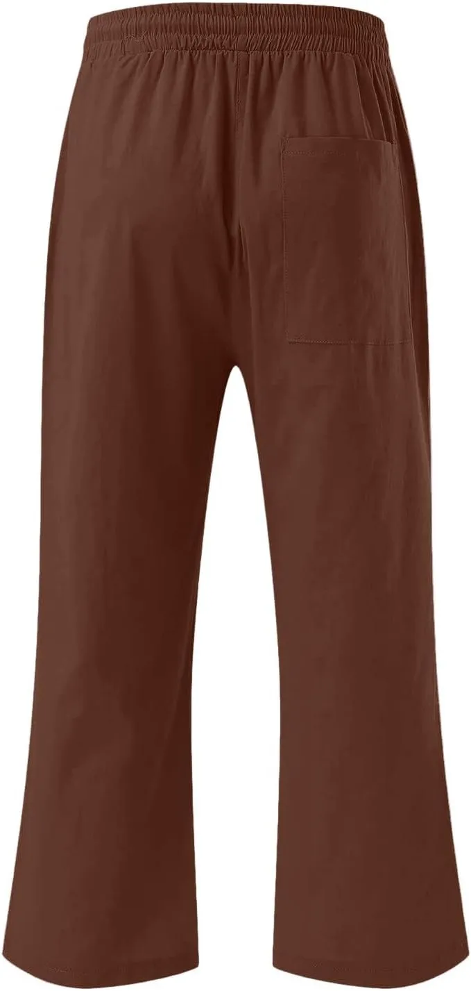 NBXNZWF Capri Pants for Women Cotton Linen 2025 Summer Casual Straight Wide Leg Cropped Pants Elastic High Waist Trousers