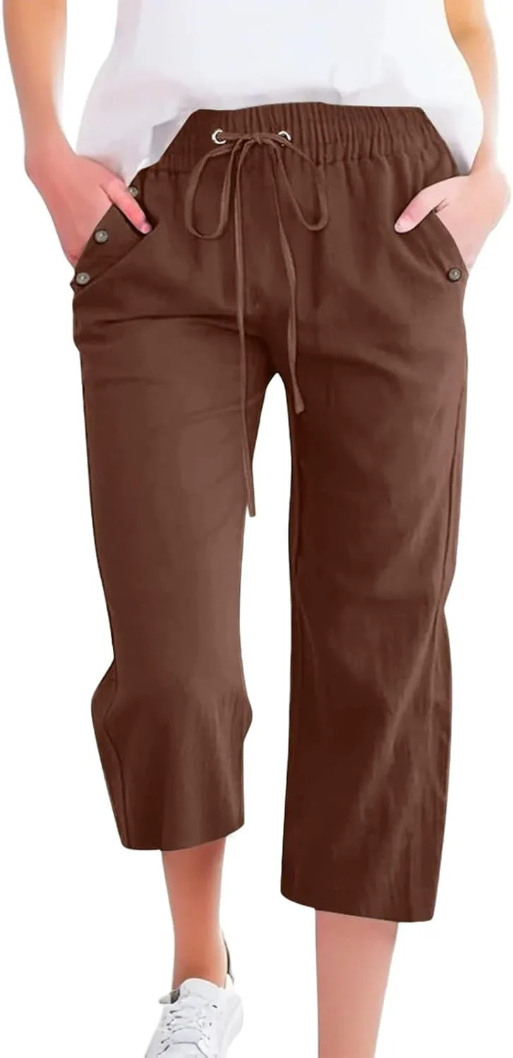 NBXNZWF Capri Pants for Women Cotton Linen 2025 Summer Casual Straight Wide Leg Cropped Pants Elastic High Waist Trousers