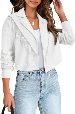 Nlife Womens Corduroy Crop Shirt Jacket Sparkly Rhinestone Fringe Shackets Nashville Concert Outfits Tassel Short Coats