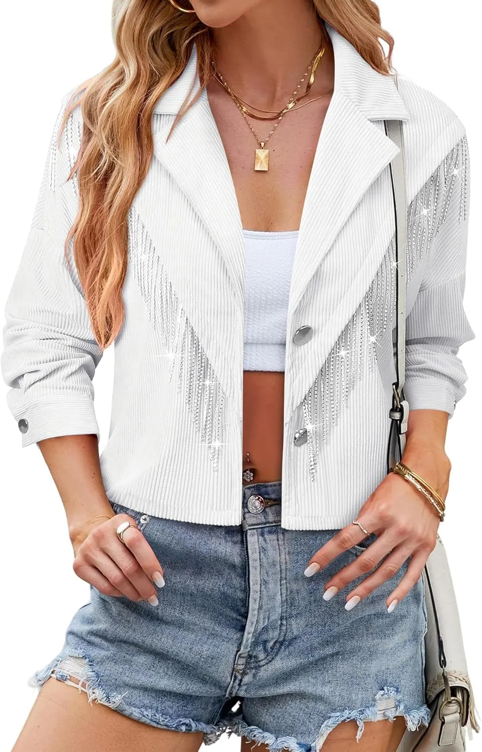 Nlife Womens Corduroy Crop Shirt Jacket Sparkly Rhinestone Fringe Shackets Nashville Concert Outfits Tassel Short Coats