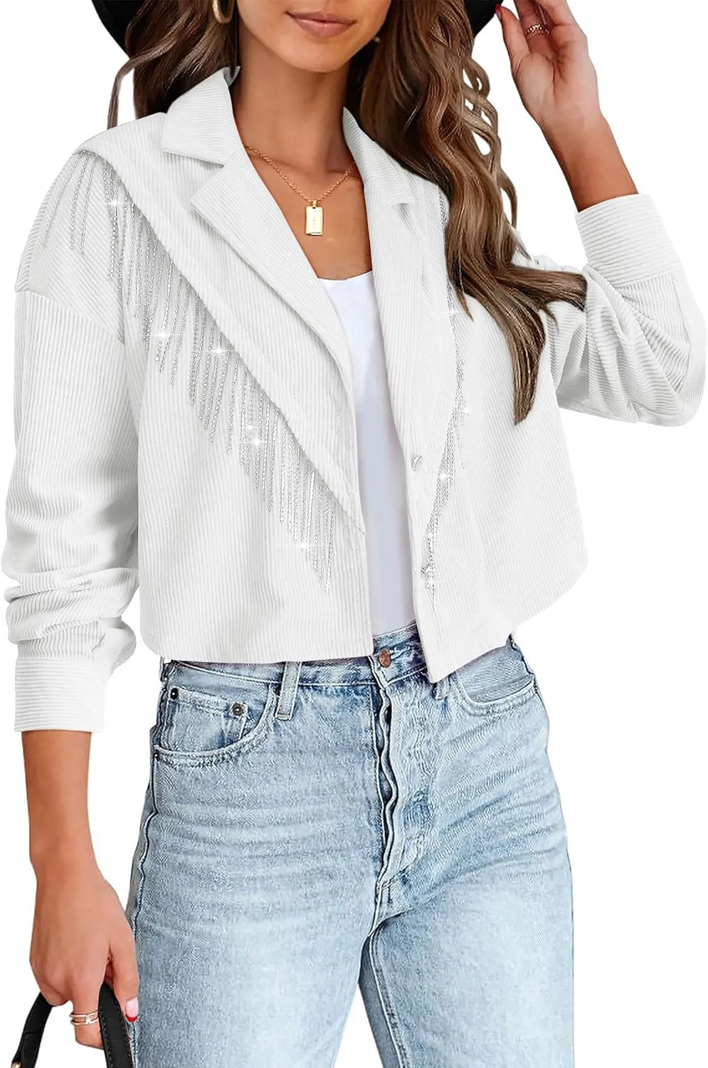 Nlife Womens Corduroy Crop Shirt Jacket Sparkly Rhinestone Fringe Shackets Nashville Concert Outfits Tassel Short Coats