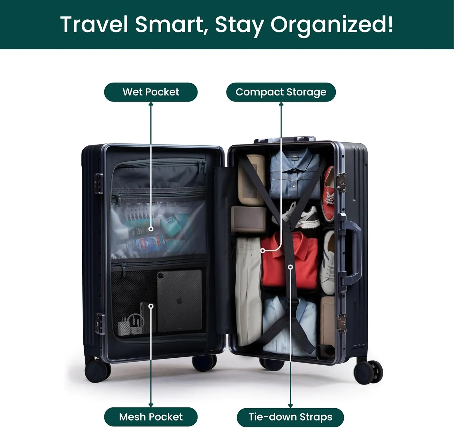 Nobl Travel Zipperless Check In Suitcase - Aluminum Frame, Check In luggage 30.25x20x12 Airline Approved by Noble Travel - Unbreakable Polycarbonate Shell - Dual TSA Locks, 360 Spinner Wheels - Black